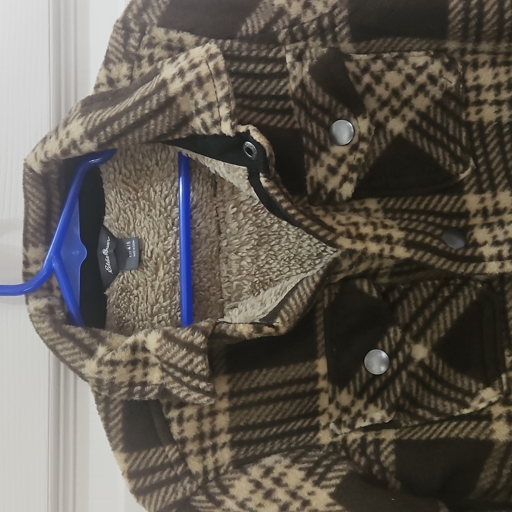 Eddie Bauer Brown Plaid Jacket Faux Shearling Lining Boys Sz 4/5 - Picture 2 of 8